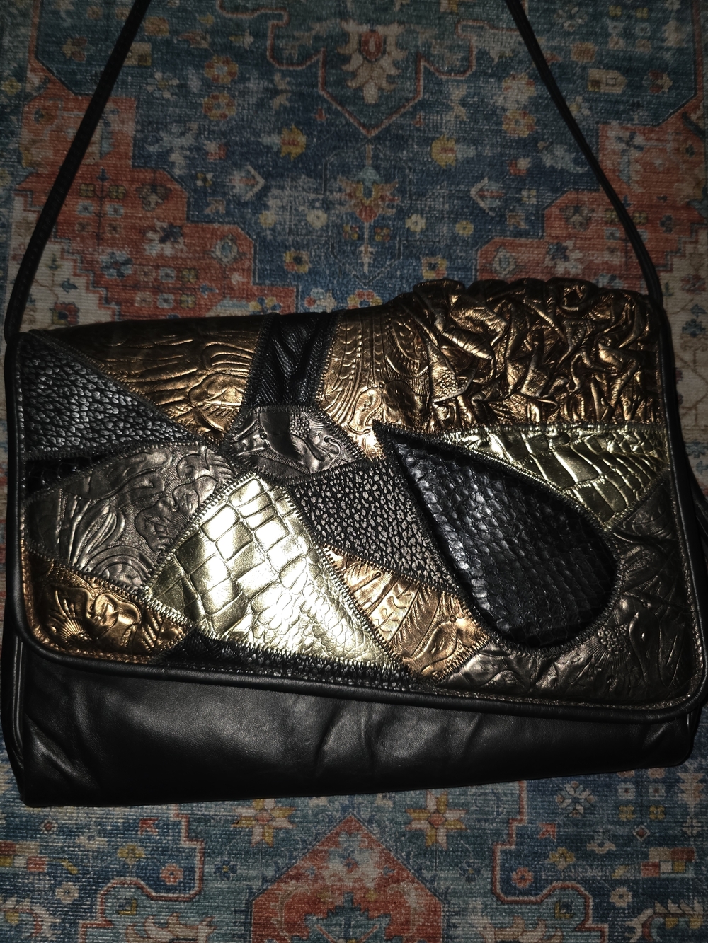 Metallic Patchwork Shoulder Bag in Black and Gold